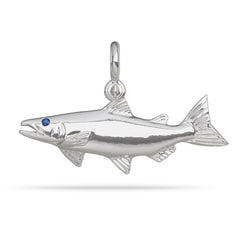 Sterling Silver Coho Salmon  Pendant High Polished Mirror Finish With Blue Sapphire Eye with A Mariner Shackle Bail Custom Designed By Nautical Treasure Jewelry In The Florida Keys Fly Fishing