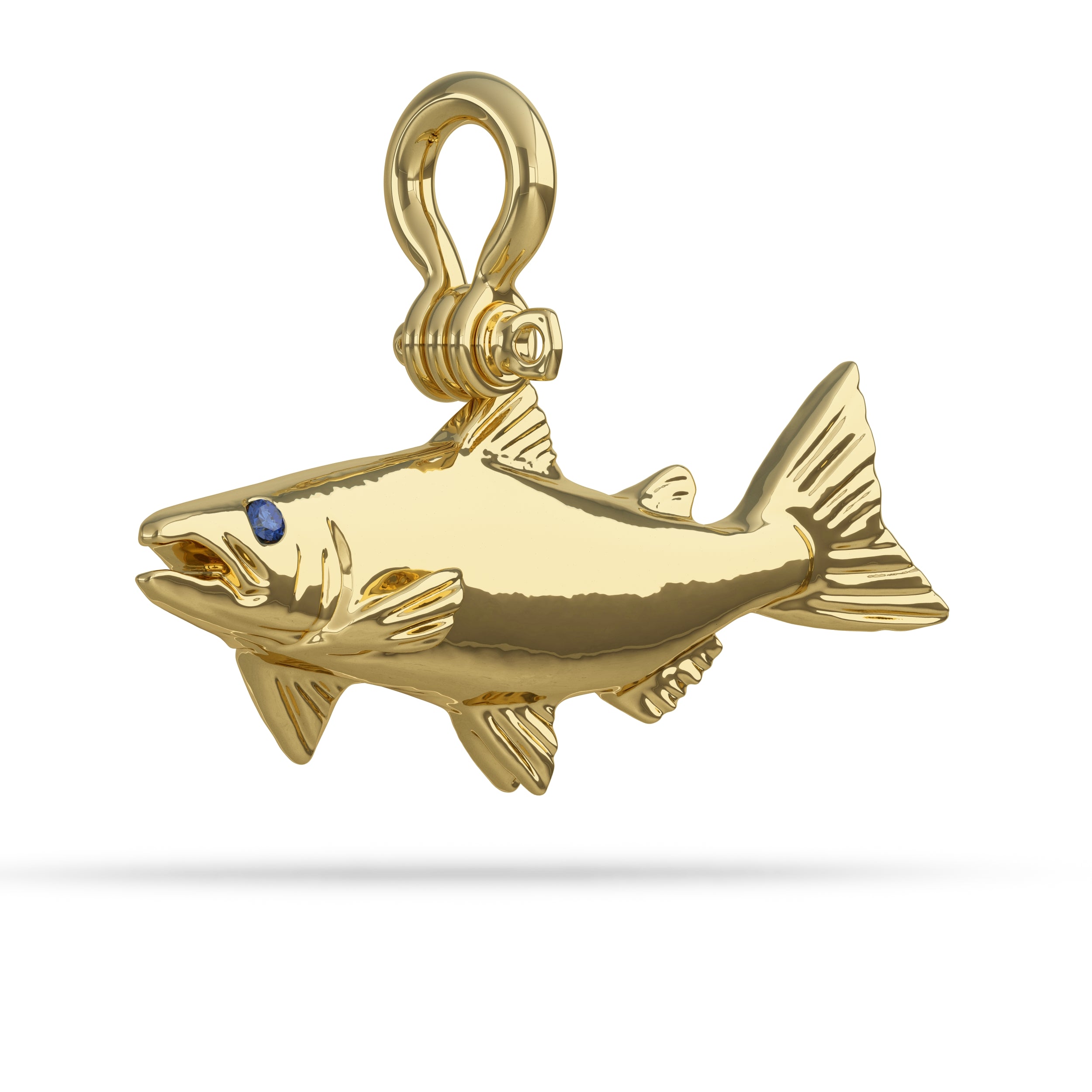 Solid 14k Gold Coho Salmon Pendant High Polished Mirror Finish With Blue Sapphire Eye with A Mariner Shackle Bail Custom Designed By Nautical Treasure Jewelry In The Florida Keys Islamorada fly fishing 
