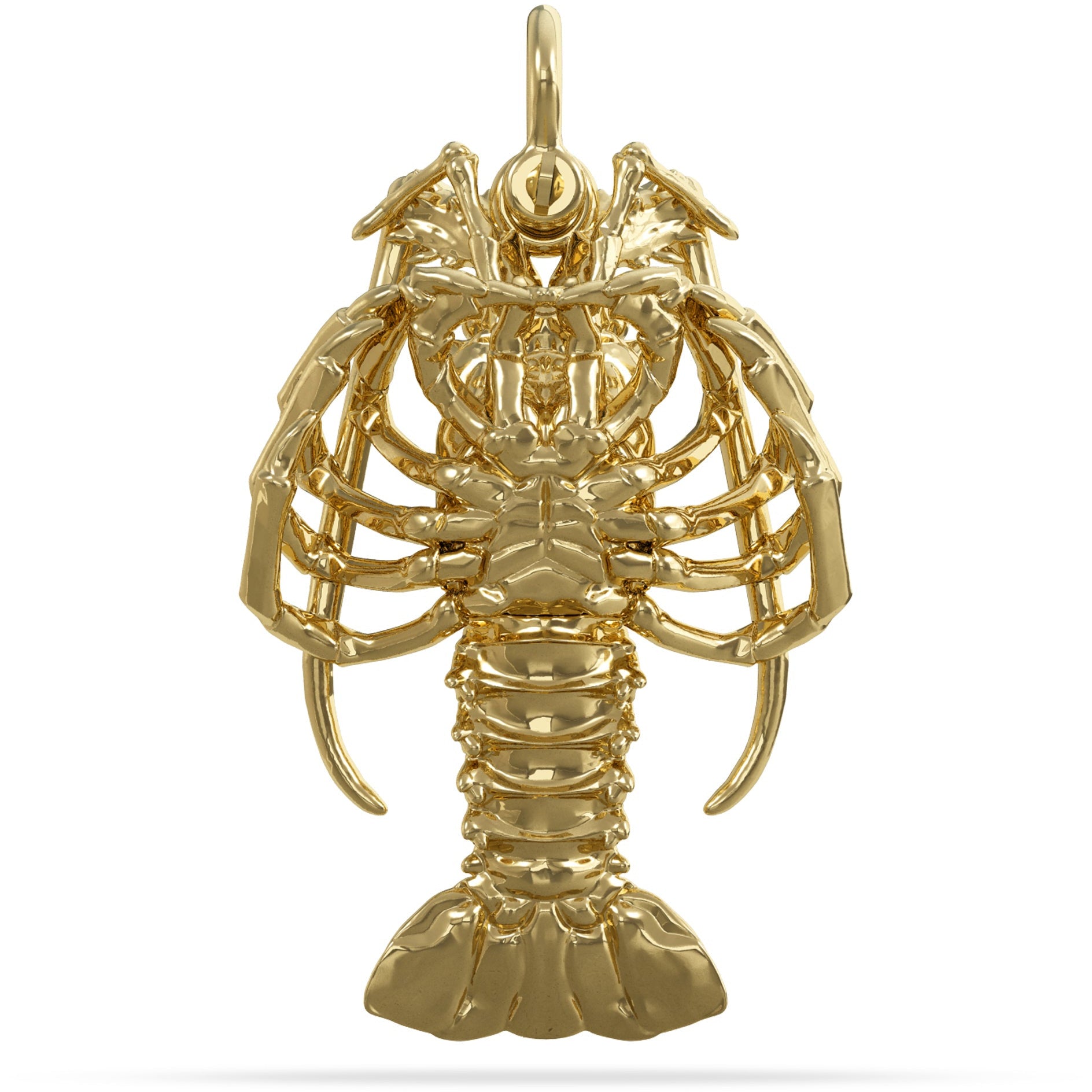 The Underside or Reverse side of Solid 14k Spiny Florida Lobster Pendant High Polished Mirror Finish With tail Straight Hung on A Mariner Shackle Bail Custom Designed By Nautical Treasure Jewelry In The Florida Keys Islamorada for 2022 Mini Season