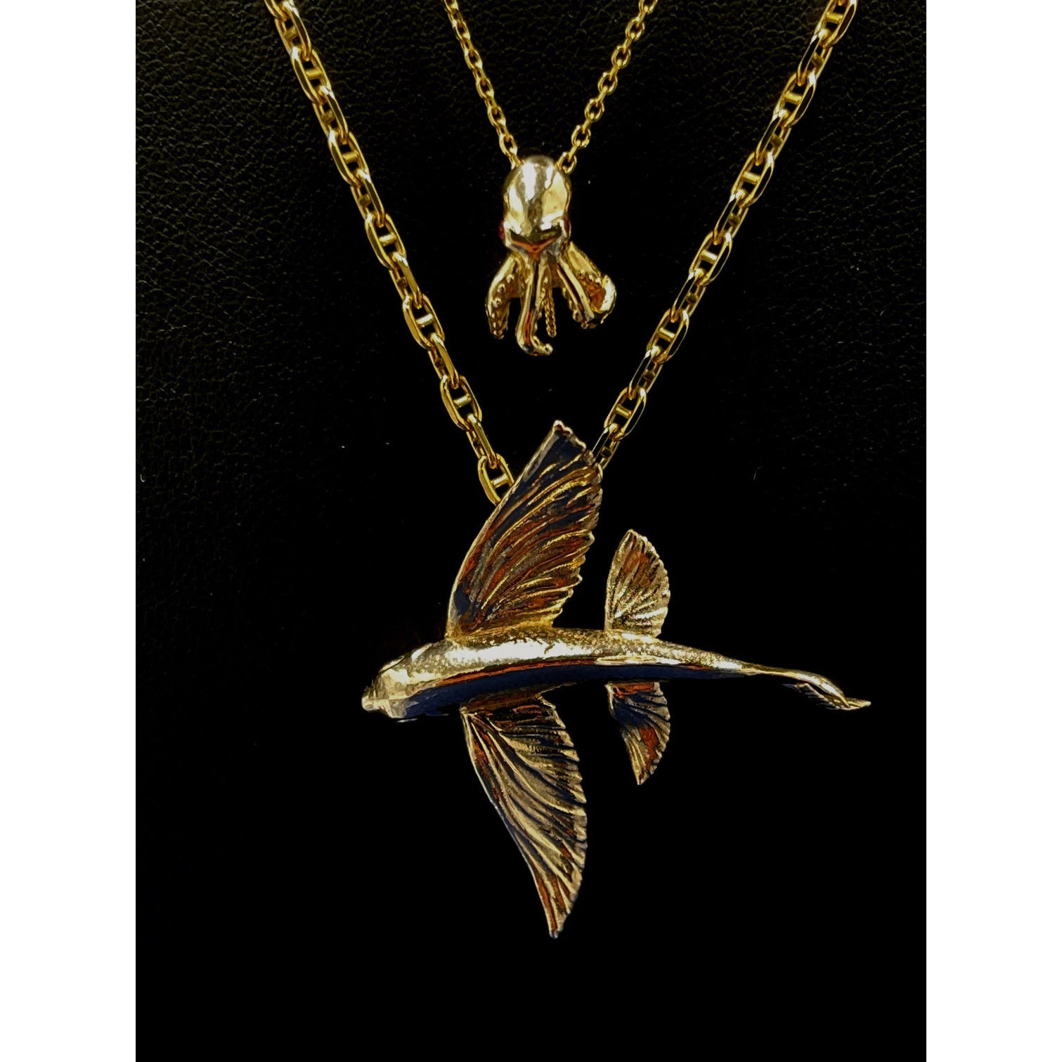 Solid 14k Gold Flying Fish Pendant and Octopus Pendant