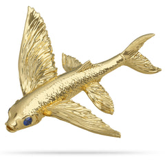 Solid 14k Gold Flying Fish Pendant High Polished Mirror Finish With Blue Sapphire Eye Nautical Treasure Jewelry 