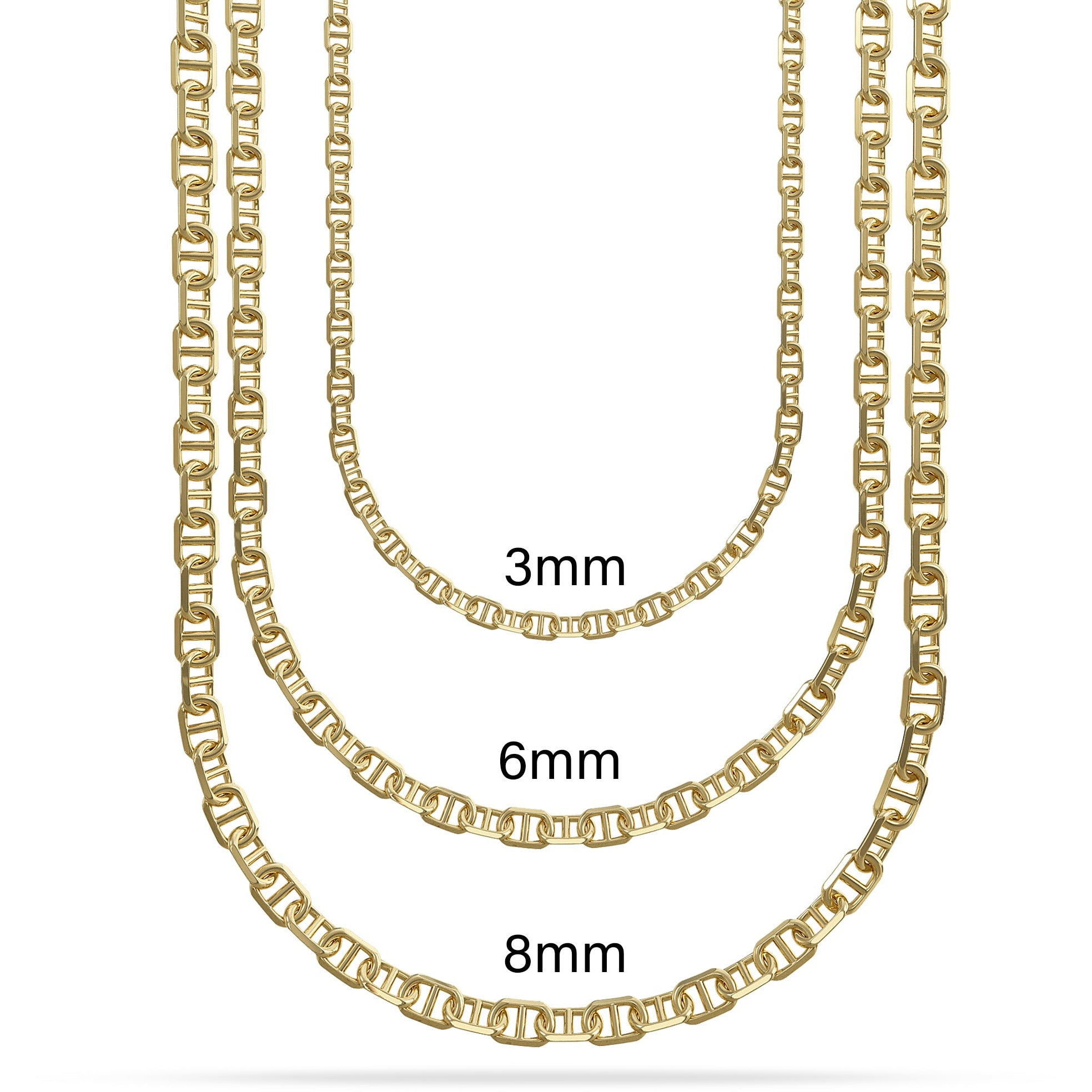 Solid 14k Gold Mariner Link Anchor Chain With Lobster Clasp Size Chart 3mm 6mm 8mm Offered By Nautical Treasure In The Florida Keys For Unique Custom Fish Pendant Jewelry