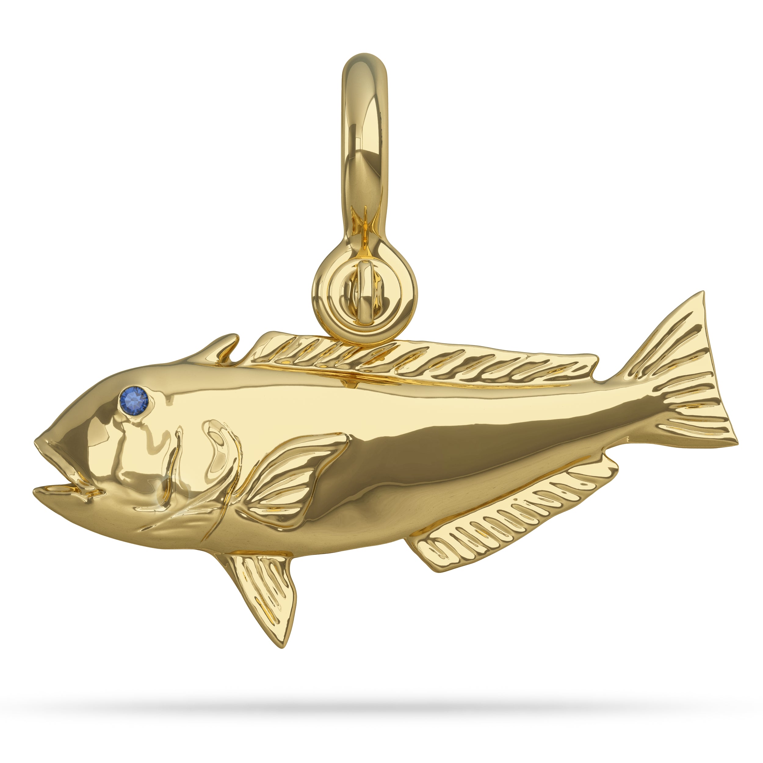 Solid 14k Gold Great Northern Golden Tilefish Pendant High Polished Mirror Finish With Blue Sapphire Eye with A Mariner Shackle Bail Custom Designed By Nautical Treasure Jewelry In The Florida Keys Islamorada Humps