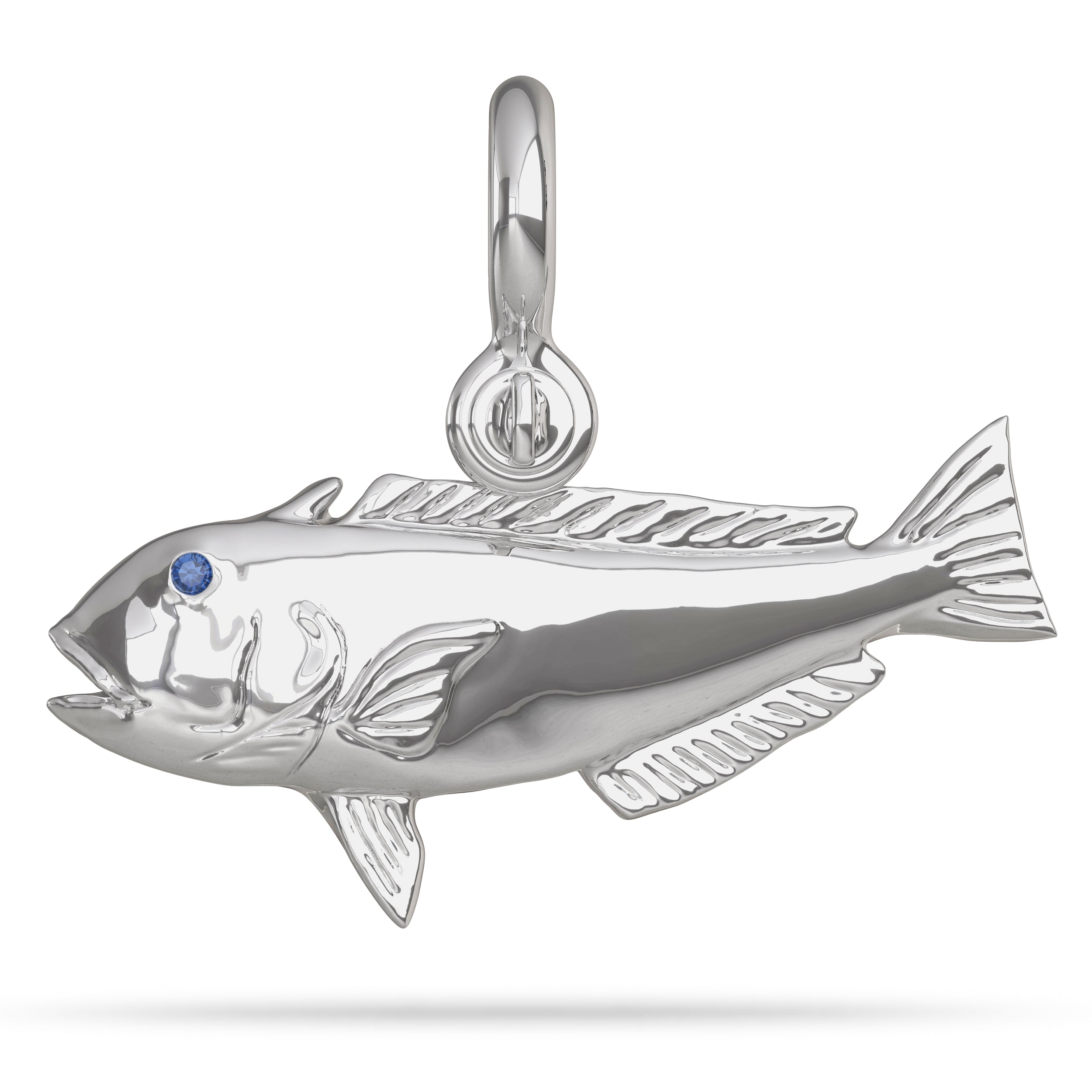 Sterling Silver Great Northern Golden Tilefish Pendant High Polished Mirror Finish With Blue Sapphire Eye with A Mariner Shackle Bail Custom Designed By Nautical Treasure Jewelry In The Florida Keys Deep Drop Fishing