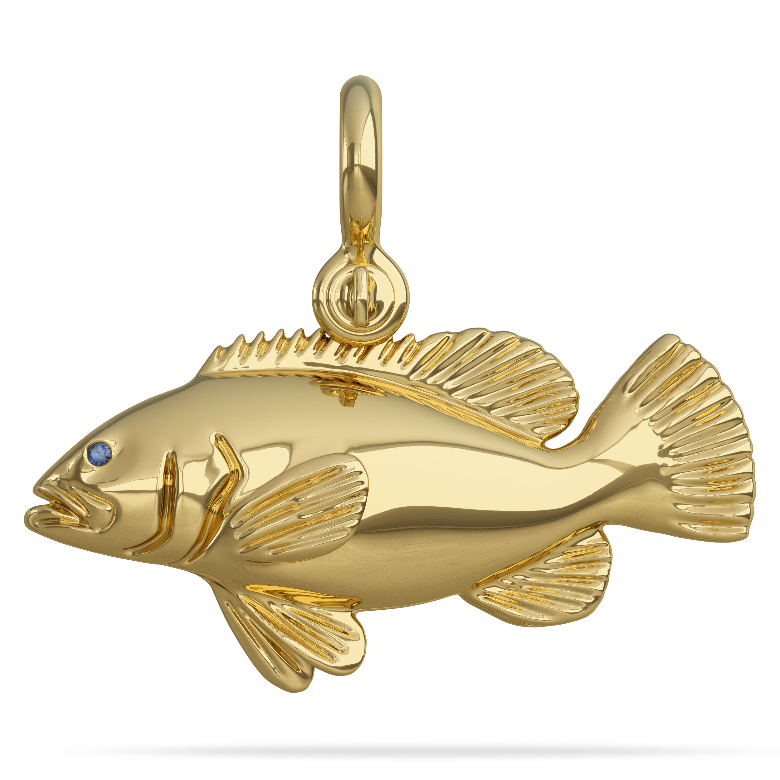 Solid 14k Gold Goliath Grouper Jew Fish Pendant High Polished Mirror Finish With Blue Sapphire Eye And A Mariner Shackle Bail Custom Designed By Nautical Treasure Jewelry In The Florida Keys 
