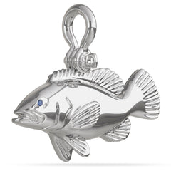 Sterling Silver Goliath Grouper Jew Fish Pendant High Polished Mirror Finish With Blue Sapphire Eye And A Mariner Shackle Bail Custom Designed By Nautical Treasure Jewelry In The Florida Keys 
