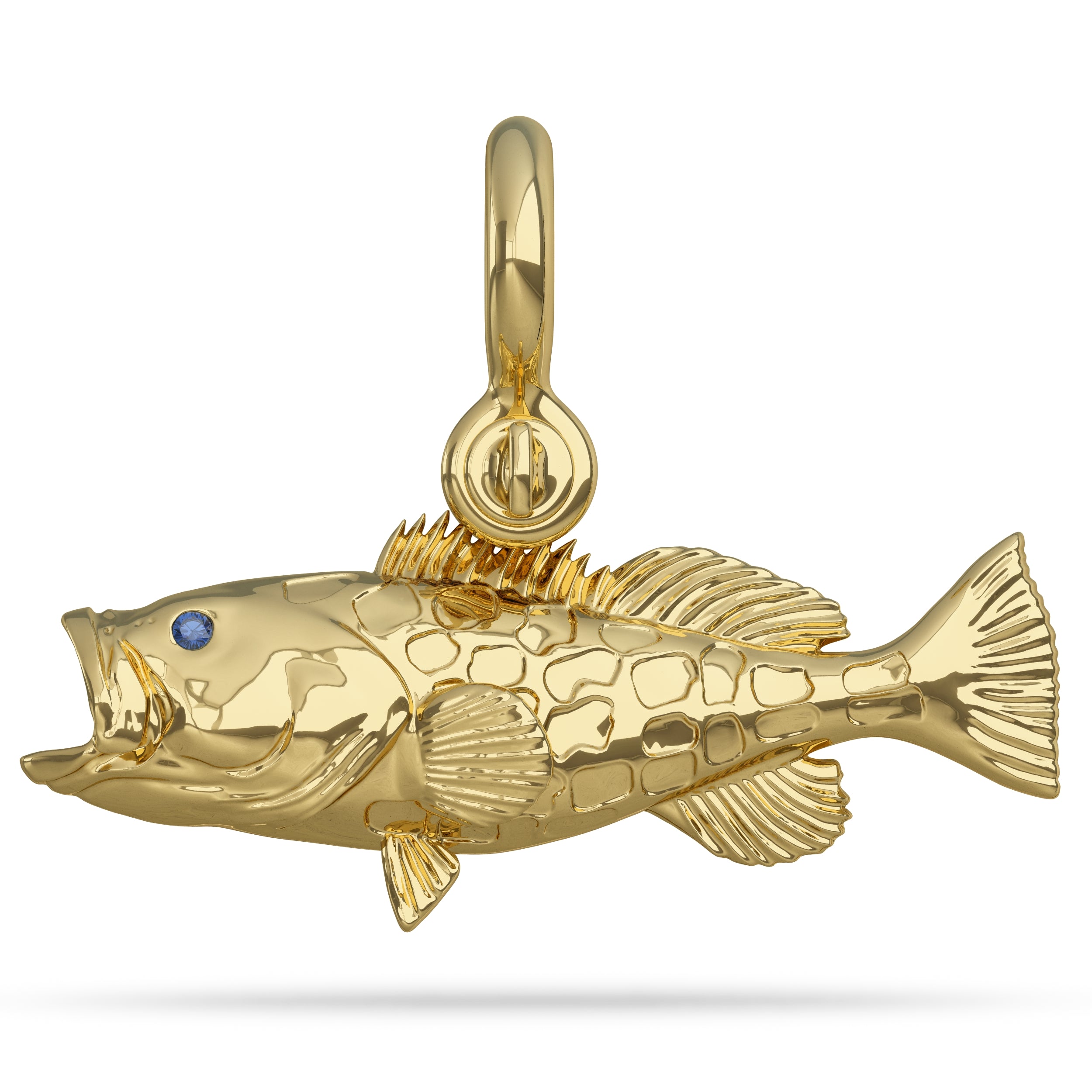 Solid 14k Gold Black Grouper Fish Pendant With Mouth Open High Polished Mirror Finish With Blue Sapphire Eye And A Mariner Shackle Bail Custom Designed By Nautical Treasure Jewelry In The Florida Keys 