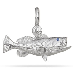 Sterling Silver Black Grouper Fish Pendant With Mouth Open High Polished Mirror Finish With Blue Sapphire Eye And A Mariner Shackle Bail Custom Designed By Nautical Treasure Jewelry In The Florida Keys 