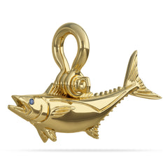 Solid 14k Gold Kingfish Mackerel Fish Pendant High Polished Mirror Finish With Blue Sapphire Eye with A Mariner Shackle Bail Custom Designed By Nautical Treasure Jewelry In The Florida Keys SKA