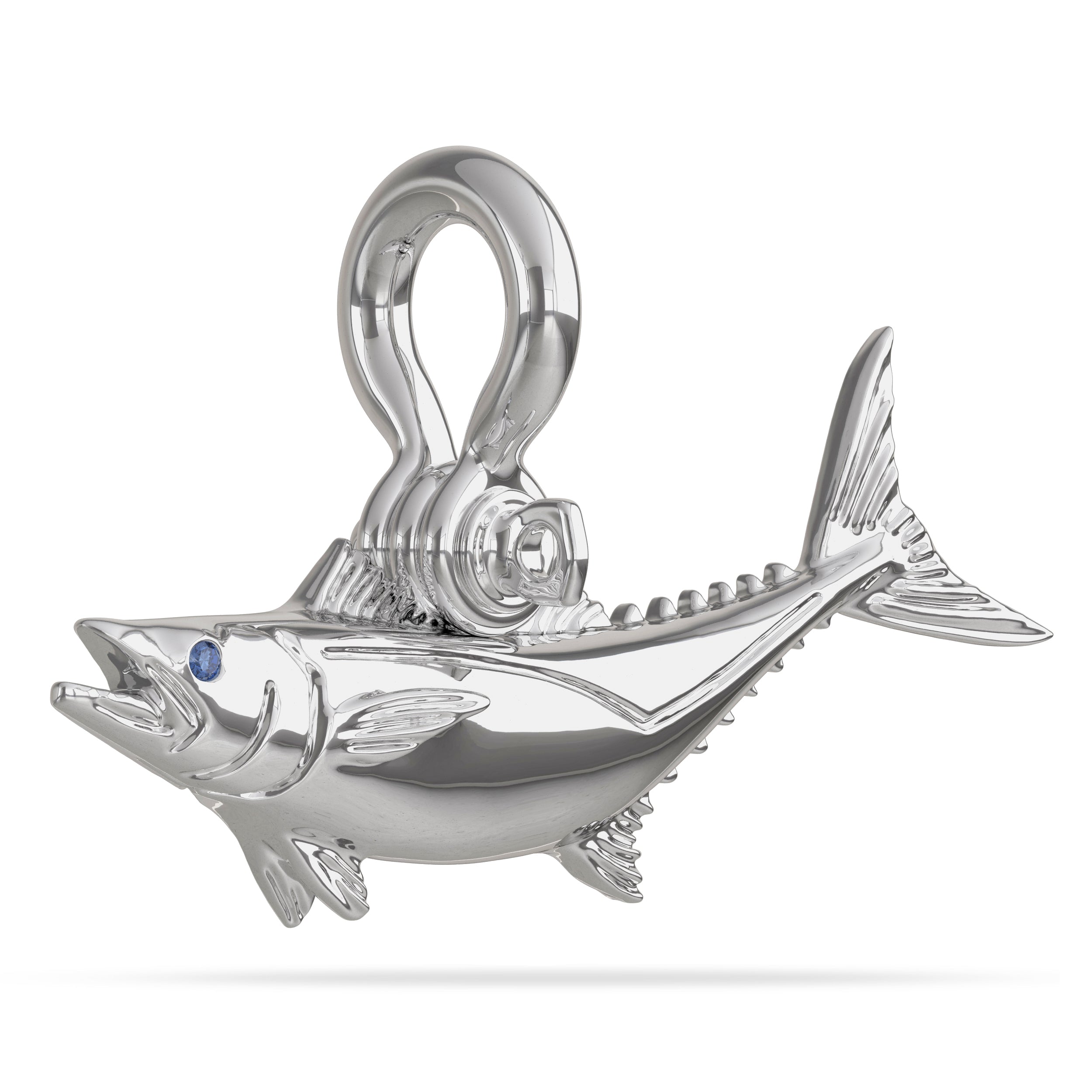 Sterling Silver Kingfish Mackerel Fish High Polished Mirror Finish With Blue Sapphire Eye with A Mariner Shackle Bail Custom Designed By Nautical Treasure Jewelry In The Florida Keys SKA 