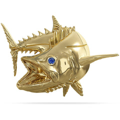 Solid 14k Gold Kingfish Mackerel Fish Pendant High Polished Mirror Finish With Blue Sapphire Eye with A Mariner Shackle Bail Custom Designed By Nautical Treasure Jewelry In The Florida Keys SKA