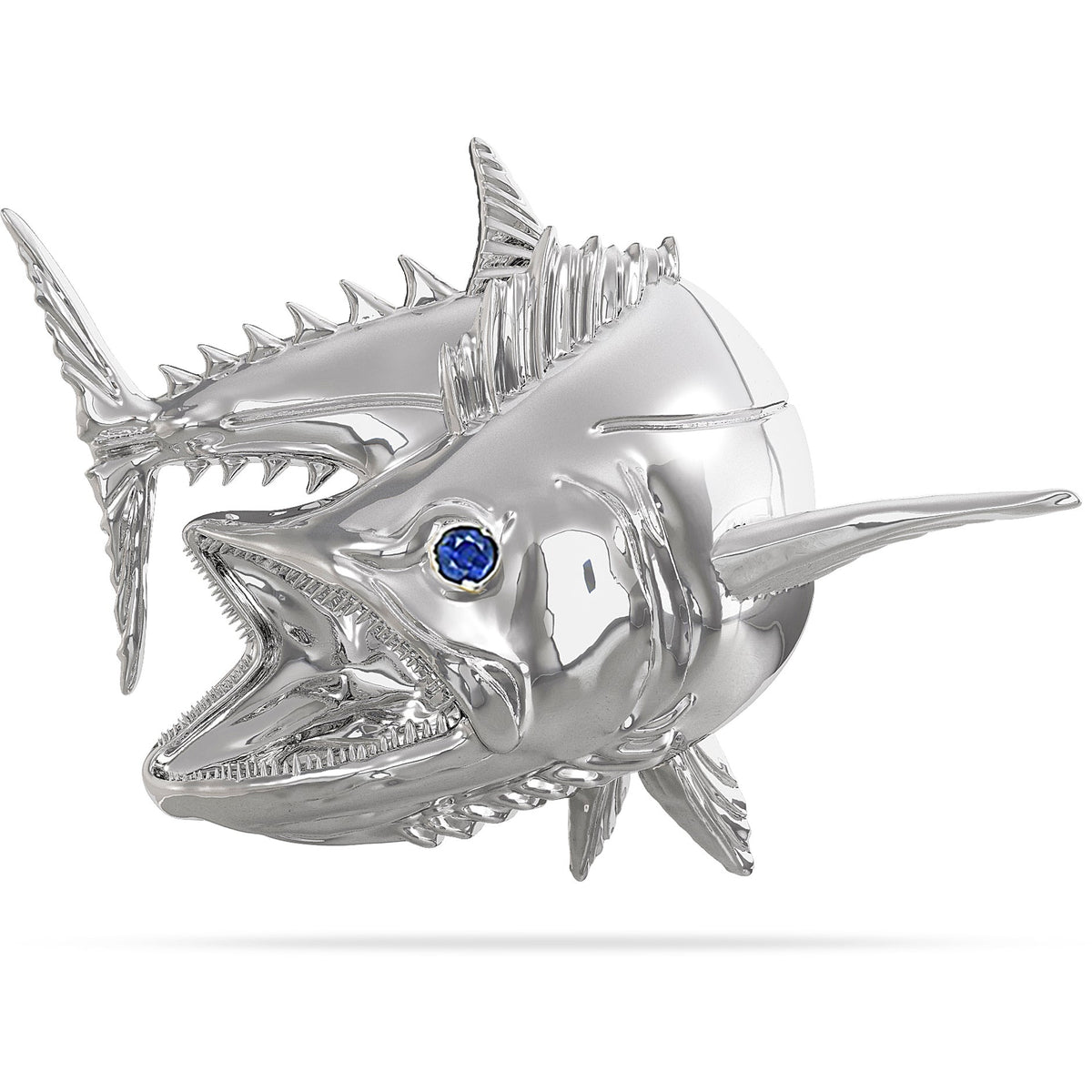 Sterling Silver Kingfish Mackerel Fish High Polished Mirror Finish With Blue Sapphire Eye with A Mariner Shackle Bail Custom Designed By Nautical Treasure Jewelry In The Florida Keys SKA 