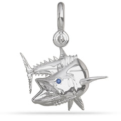 Sterling Silver Kingfish Mackerel Fish High Polished Mirror Finish With Blue Sapphire Eye with A Mariner Shackle Bail Custom Designed By Nautical Treasure Jewelry In The Florida Keys SKA 