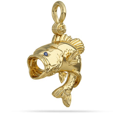 Solid 14k Gold Largemouth Bass Jumping Pendant with Mouth Open has High Polished Mirror Finish With Blue Sapphire Eyes With A Mariner Style Shackle Bail Custom Designed for Bass Fisherman By Nautical Treasure Jewelry In The Florida Keys
