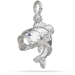 Sterling Silver Largemouth Bass Jumping Pendant with Mouth Open has High Polished Mirror Finish With Blue Sapphire Eyes With A Mariner Style Shackle Bail Custom Designed for Bass Fisherman By Nautical Treasure Jewelry In The Florida Keys
