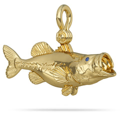 Solid 14k Gold Largemouth Bass Pendant With Mouth Wide Open Feeding High Polished Mirror Finish With Blue Sapphire Eye with A Mariner Shackle Bail Custom Designed By Nautical Treasure Jewelry In The Florida Keys 