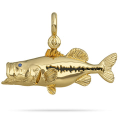 Solid 14K Gold Largemouth Bass Pendant With Mouth Wide Open Feeding High Polished Mirror Finish With Blue Sapphire Eye with A Mariner Shackle Bail Custom Designed By Nautical Treasure Jewelry In The Florida Keys 