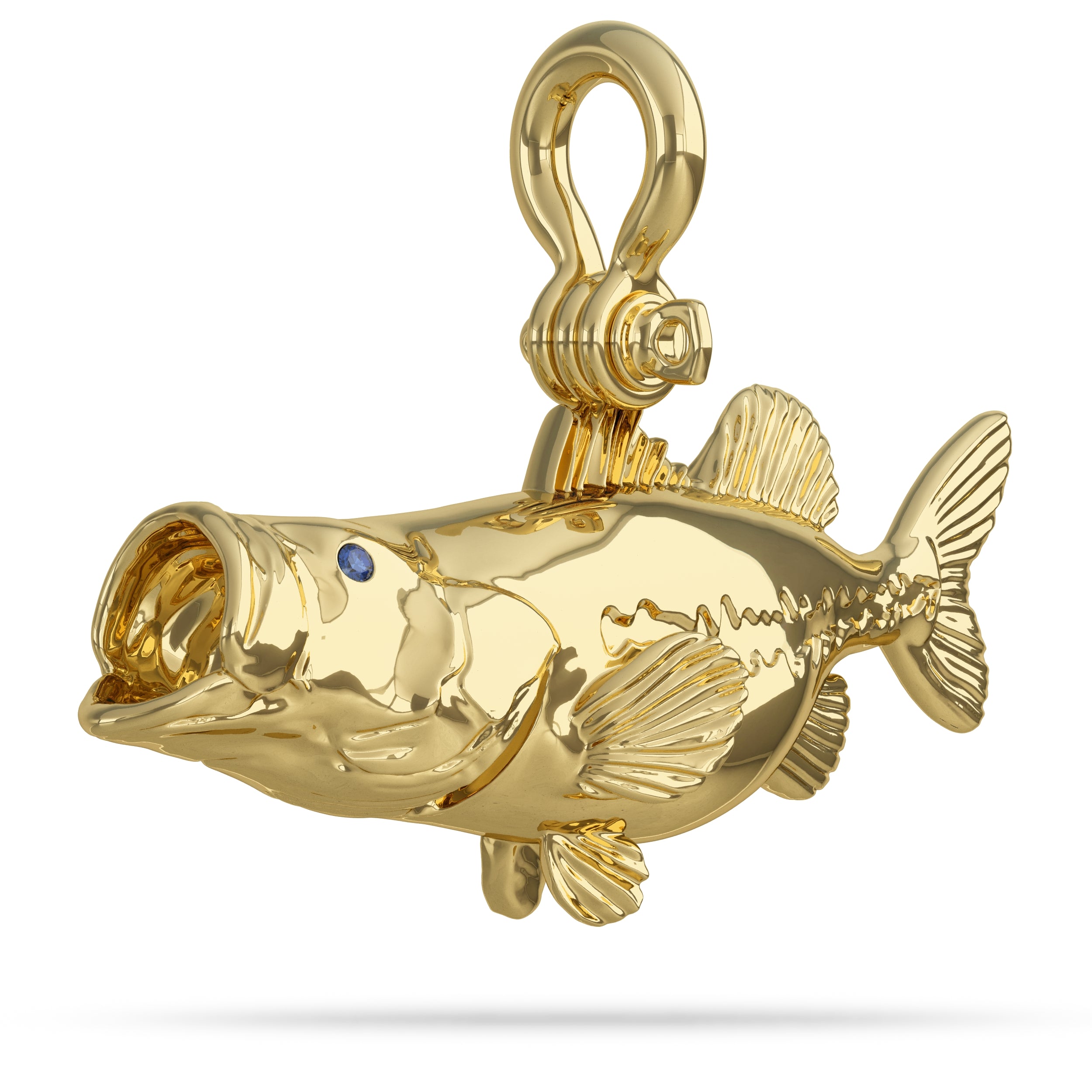 Solid 14k Gold Largemouth Bass Pendant With Mouth Wide Open Feeding High Polished Mirror Finish With Blue Sapphire Eye with A Mariner Shackle Bail Custom Designed By Nautical Treasure Jewelry In The Florida Keys 