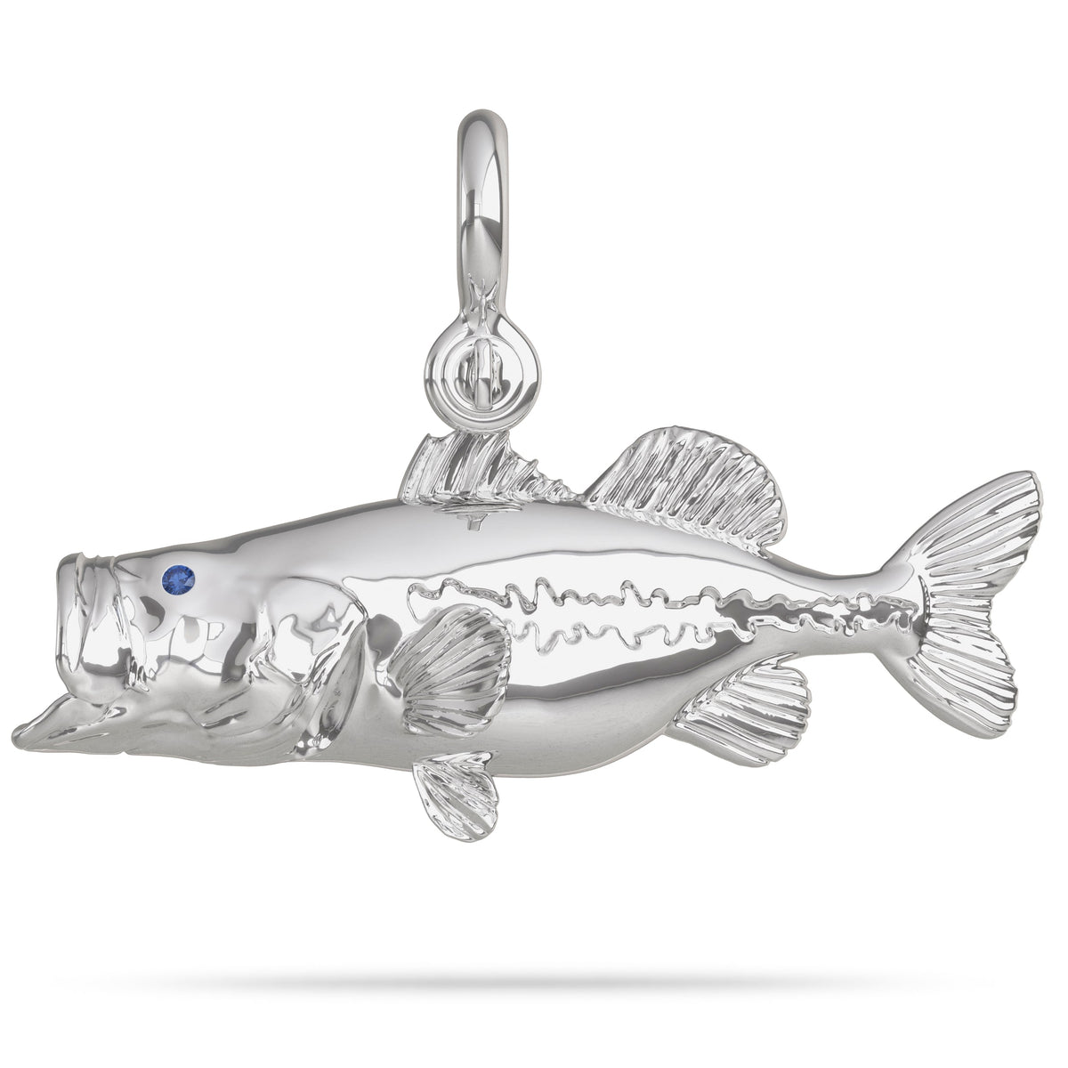 Sterling Silver Largemouth Bass Pendant With Mouth Wide Open Feeding High Polished Mirror Finish With Blue Sapphire Eye with A Mariner Shackle Bail Custom Designed By Nautical Treasure Jewelry In The Florida Keys 