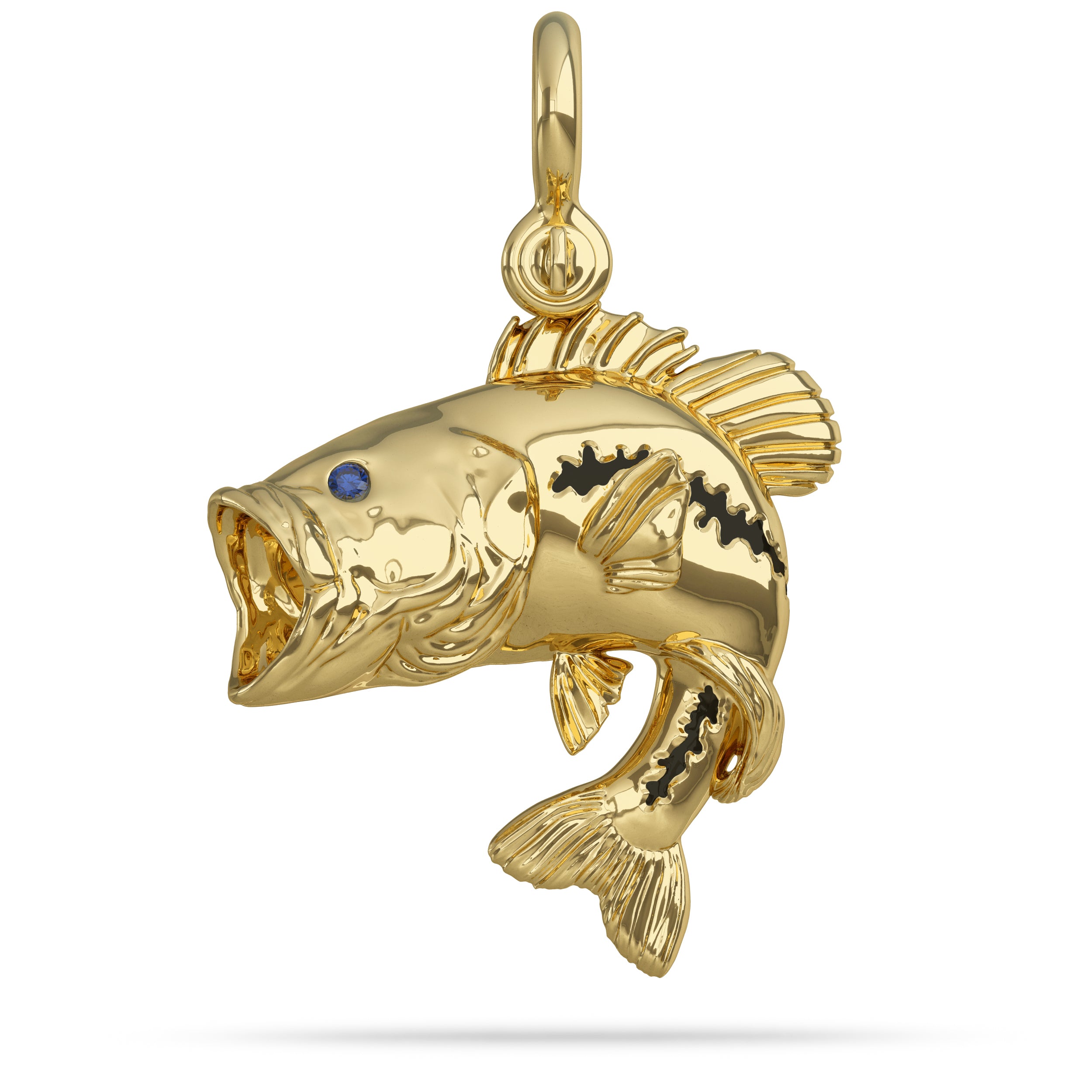 Solid 14k Gold Largemouth Bass Jumping Pendant with Mouth Open has High Polished Mirror Finish With Blue Sapphire Eyes With A Mariner Style Shackle Bail Custom Designed for Bass Fisherman By Nautical Treasure Jewelry In The Florida Keys