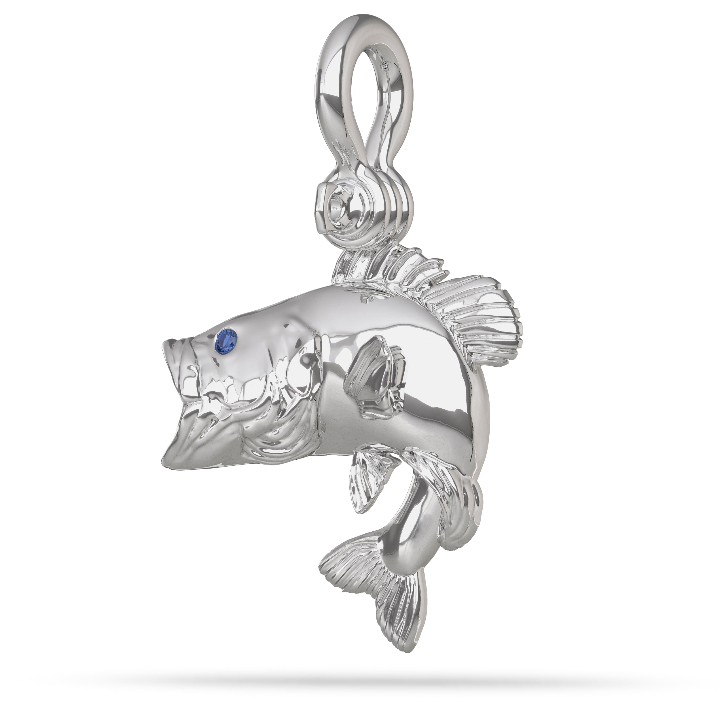 Sterling Silver Largemouth Bass Jumping Pendant with Mouth Open has High Polished Mirror Finish With Blue Sapphire Eyes With A Mariner Style Shackle Bail Custom Designed for Bass Fisherman By Nautical Treasure Jewelry In The Florida Keys