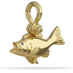 Solid 14k Gold Largemouth Bass Pendant High Polished Mirror Finish With Blue Sapphire Eye with A Mariner Shackle Bail Custom Designed By Nautical Treasure Jewelry In The Florida Keys 