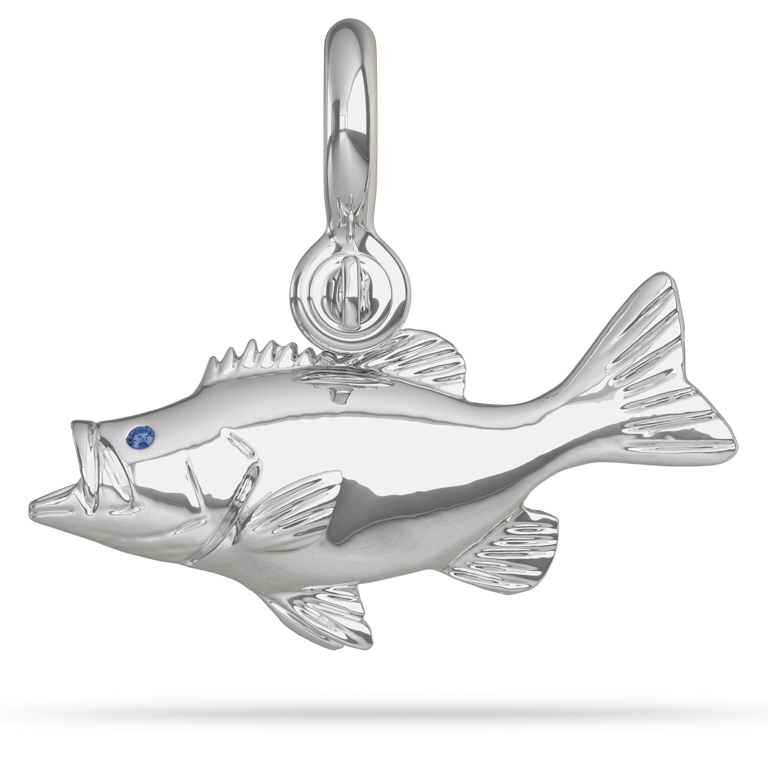 Sterling Silver Largemouth Bass Pendant High Polished Mirror Finish With Blue Sapphire Eye with A Mariner Shackle Bail Custom Designed By Nautical Treasure Jewelry In The Florida Keys 