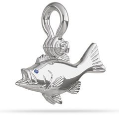 Sterling Silver Largemouth Bass Pendant High Polished Mirror Finish With Blue Sapphire Eye with A Mariner Shackle Bail Custom Designed By Nautical Treasure Jewelry In The Florida Keys 