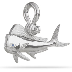 Sterling Silver Bull Mahi Mahi Pendant High Polished Mirror Finish With Blue Sapphire Eye with A Mariner Shackle Bail Custom Designed By Nautical Treasure Jewelry In The Florida Keys 