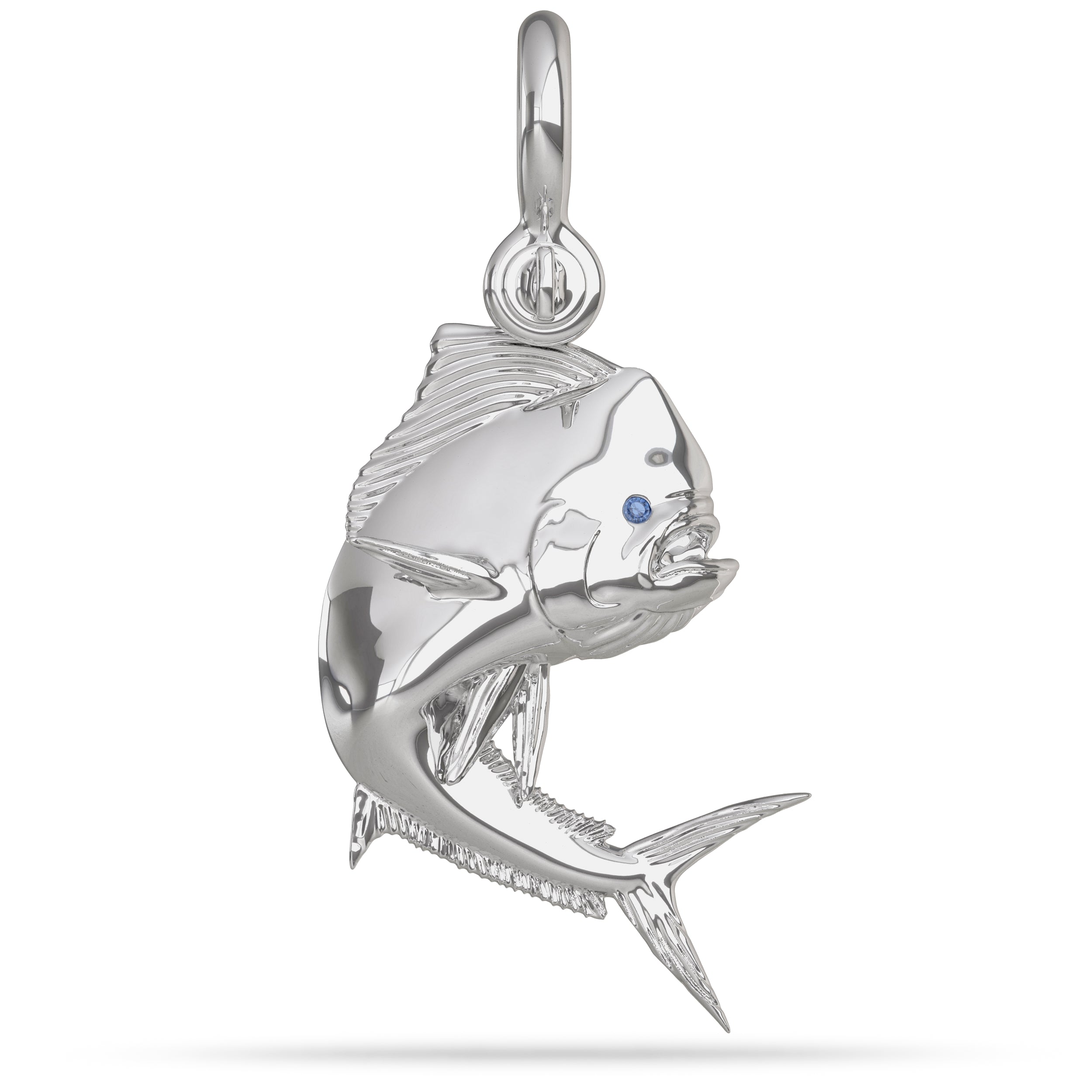 Sterling Silver Mahi Mahi Pendant High Polished Mirror Finish With Blue Sapphire Eye with A Mariner Shackle Bail Custom Designed By Nautical Treasure Jewelry In The Florida Keys 
