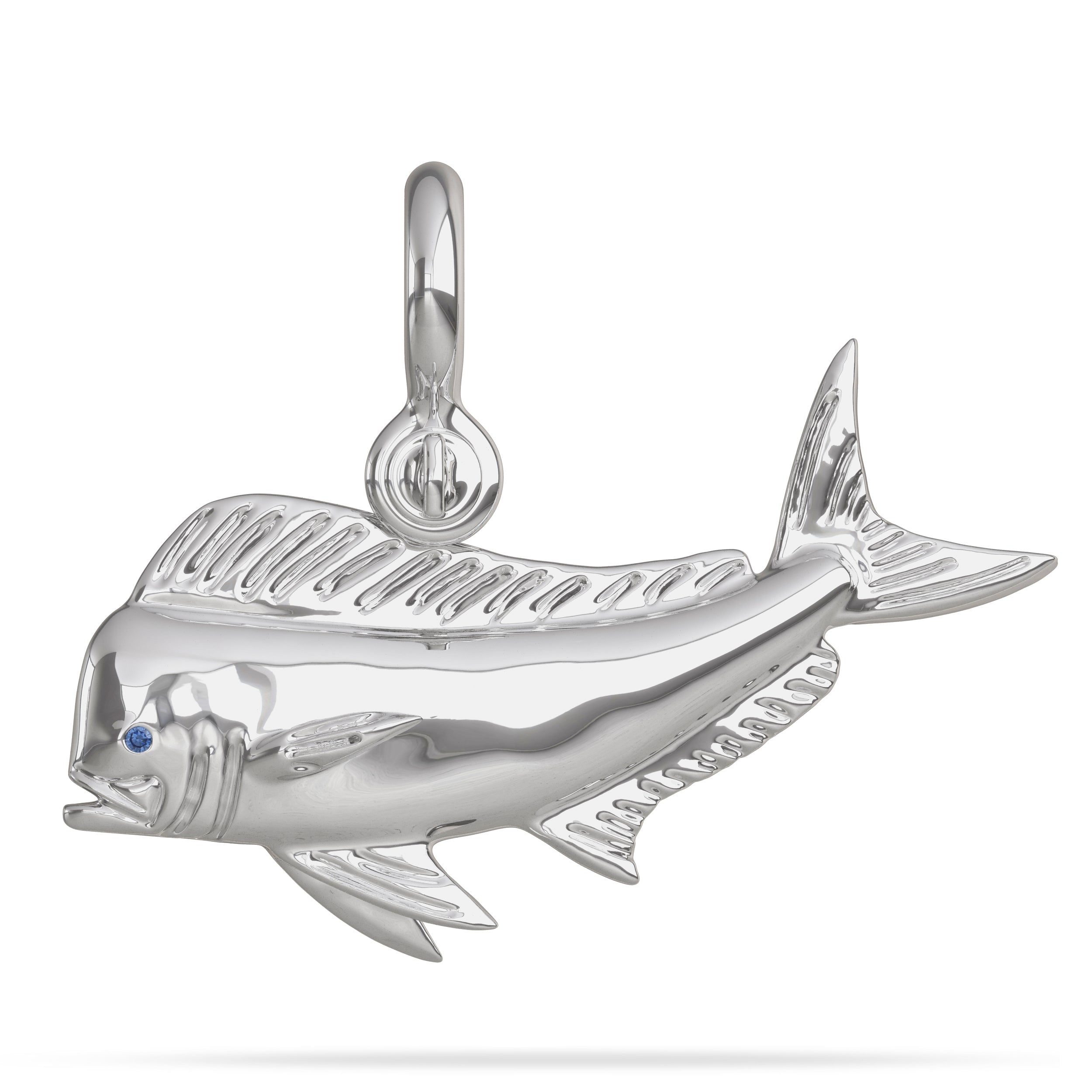 Sterling Silver Mahi Mahi Pendant High Polished Mirror Finish With Blue Sapphire Eye with A Mariner Shackle Bail Custom Designed By Nautical Treasure Jewelry In The Florida Keys 