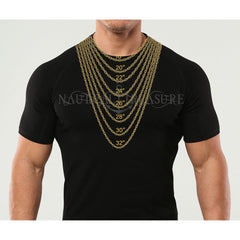 Man Model Wearing Mariner Nautical Treasure Jewelry Tshirt and Multiple Mariner Link Anchor Chains to illustrate Chain lengths offered from 18 inch to 32 inch