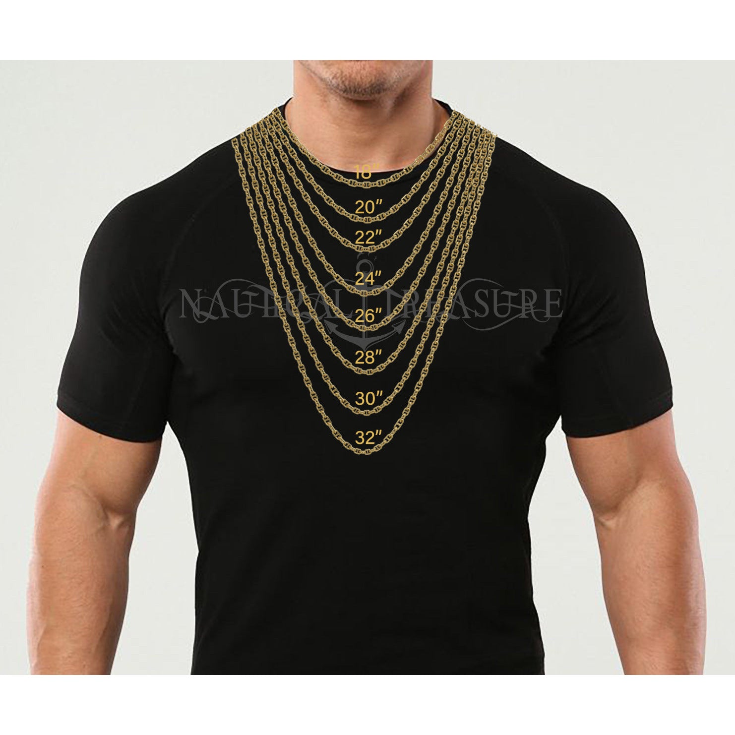  Man Model Wearing Nautical Treasure Jewelry Apparel Tshirt and Multiple Mariner Link Anchor Chains to illustrate Chain lengths offered from 18 inch to 32 inch