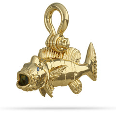 Solid 14k Gold Peacock Bass Pendant High Polished Mirror Finish With Blue Sapphire Eye And A Mariner Shackle Bail Custom Designed By Nautical Treasure Jewelry In The Florida Keys 