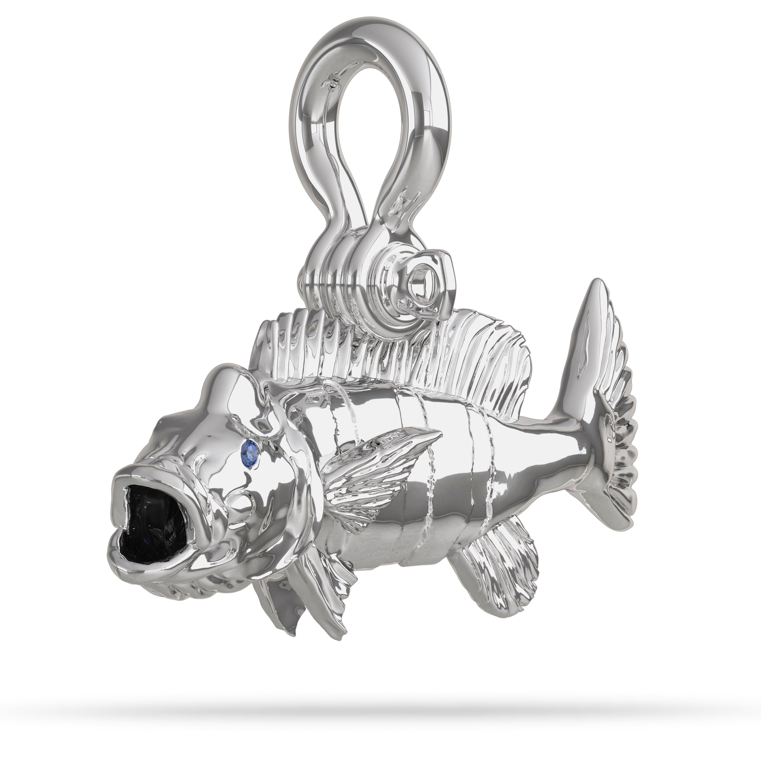  Sterling Silver Peacock Bass Pendant High Polished Mirror Finish With Blue Sapphire Eye And A Mariner Shackle Bail Custom Designed By Nautical Treasure Jewelry In The Florida Keys 
