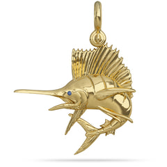 Solid 14k Gold Sailfish Fish Pendant High Polished Mirror Finish With Blue Sapphire Eye with A Mariner Shackle Bail Custom Designed By Nautical Treasure Jewelry In The Florida Keys Billfish Foundation