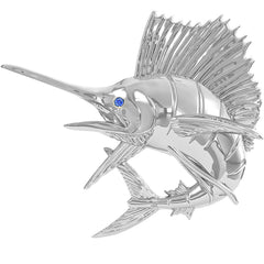 Sterling Silver Sailfish Fish Pendant High Polished Mirror Finish With Blue Sapphire Eye with A Mariner Shackle Bail Custom Designed By Nautical Treasure Jewelry In The Florida Keys Billfish Foundation