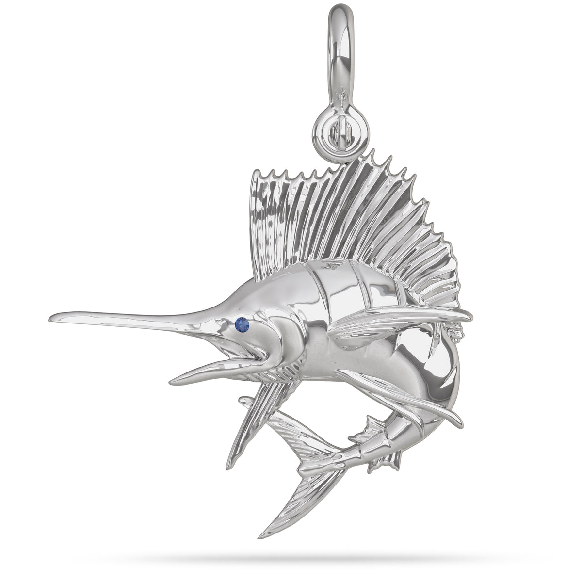 Sterling Silver Sailfish Fish Pendant High Polished Mirror Finish With Blue Sapphire Eye with A Mariner Shackle Bail Custom Designed By Nautical Treasure Jewelry In The Florida Keys Billfish Foundation