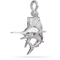 Sterling Silver Sailfish Fish Pendant High Polished Mirror Finish With Blue Sapphire Eye with A Mariner Shackle Bail Custom Designed By Nautical Treasure Jewelry In The Florida Keys Billfish Foundation