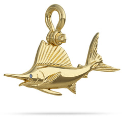 Solid 14k Gold Sailfish Fish Pendant High Polished Mirror Finish With Blue Sapphire Eye with A Mariner Shackle Bail Custom Designed By Nautical Treasure Jewelry In The Florida Keys Billfish Foundation