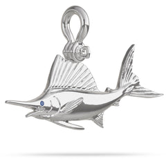 Sterling Silver Sailfish Fish Pendant High Polished Mirror Finish With Blue Sapphire Eye with A Mariner Shackle Bail Custom Designed By Nautical Treasure Jewelry In The Florida Keys Billfish Foundation