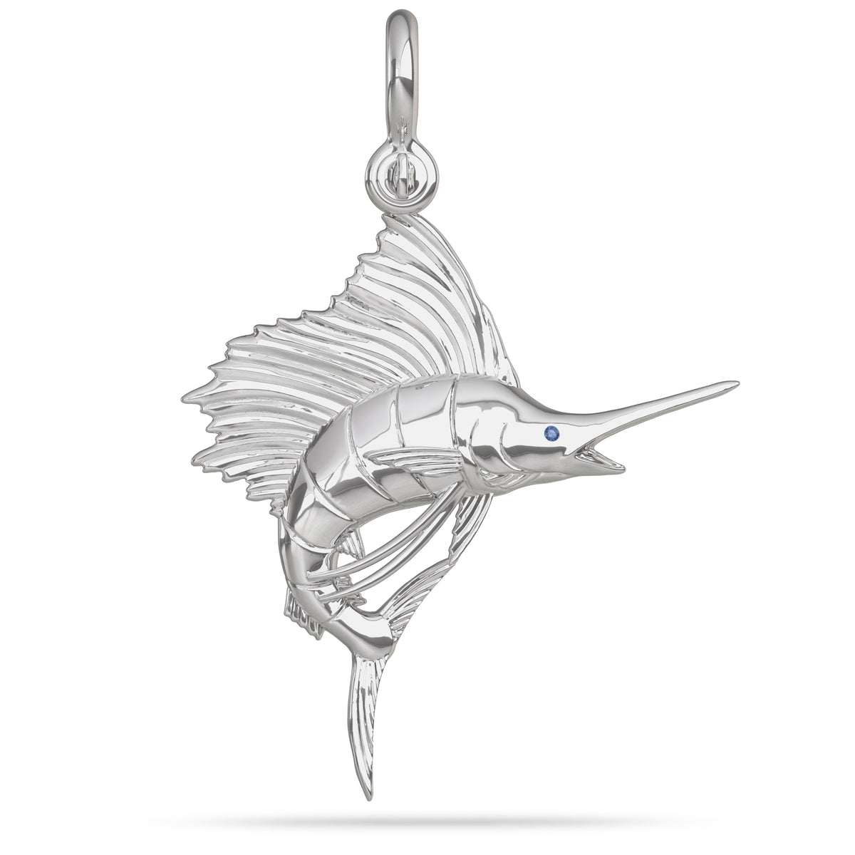 Sterling Silver Sailfish Fish Pendant High Polished Mirror Finish With Blue Sapphire Eye with A Mariner Shackle Bail Custom Designed By Nautical Treasure Jewelry In The Florida Keys Billfish Foundation