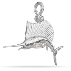 Sterling Silver Sailfish Fish Pendant High Polished Mirror Finish With Blue Sapphire Eye with A Mariner Shackle Bail Custom Designed By Nautical Treasure Jewelry In The Florida Keys Billfish Foundation