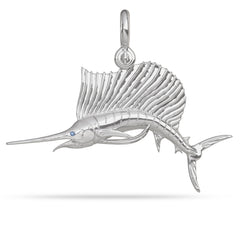 Sterling Silver Sailfish Fish Pendant High Polished Mirror Finish With Blue Sapphire Eye with A Mariner Shackle Bail Custom Designed By Nautical Treasure Jewelry In The Florida Keys Billfish Foundation