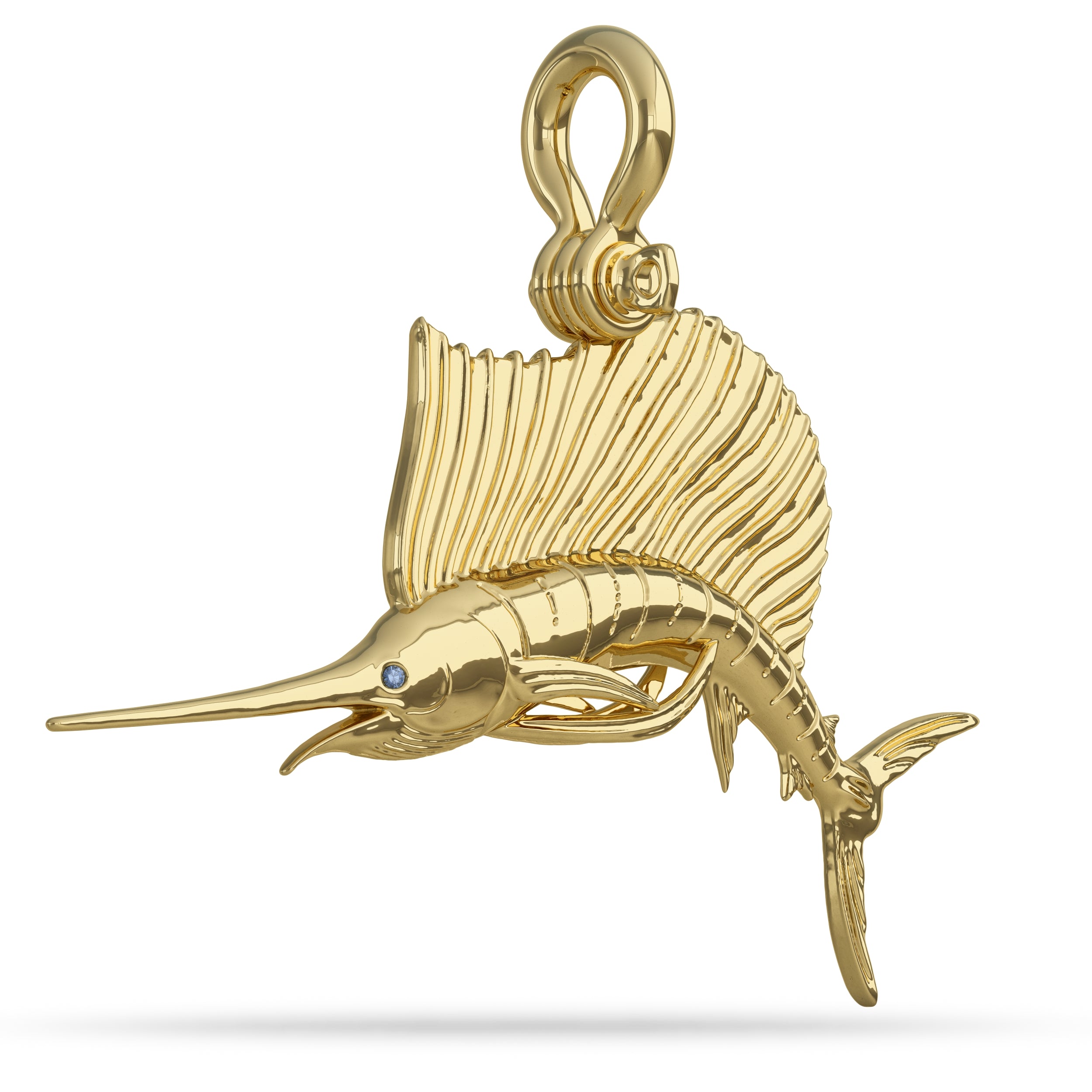 Solid 14k Gold Sailfish Fish Pendant High Polished Mirror Finish With Blue Sapphire Eye with A Mariner Shackle Bail Custom Designed By Nautical Treasure Jewelry In The Florida Keys Billfish Foundation