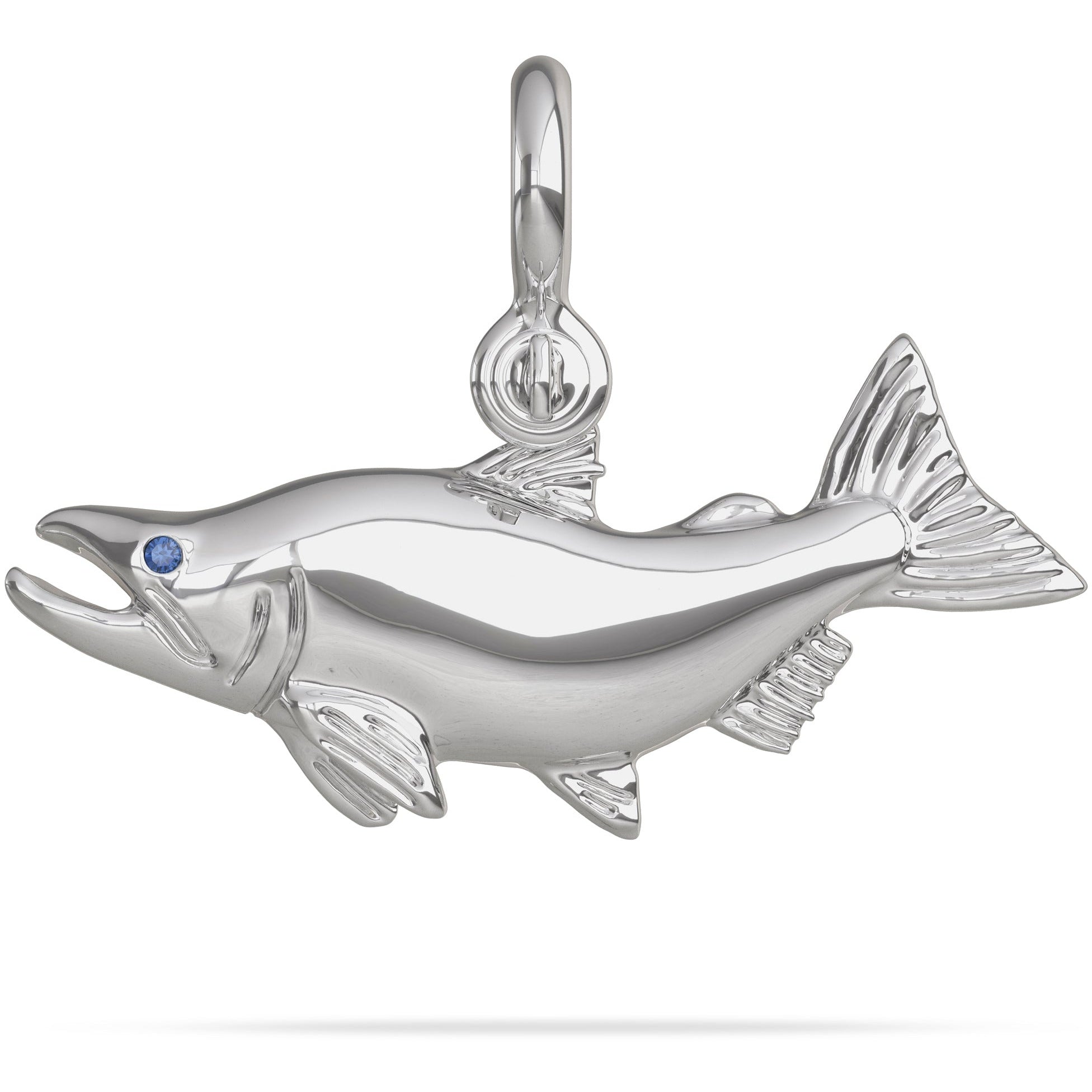 Sterling Silver Sockeye Salmon  Pendant High Polished Mirror Finish With Blue Sapphire Eye with A Mariner Shackle Bail Custom Designed By Nautical Treasure Jewelry In The Florida Keys Fly Fishing