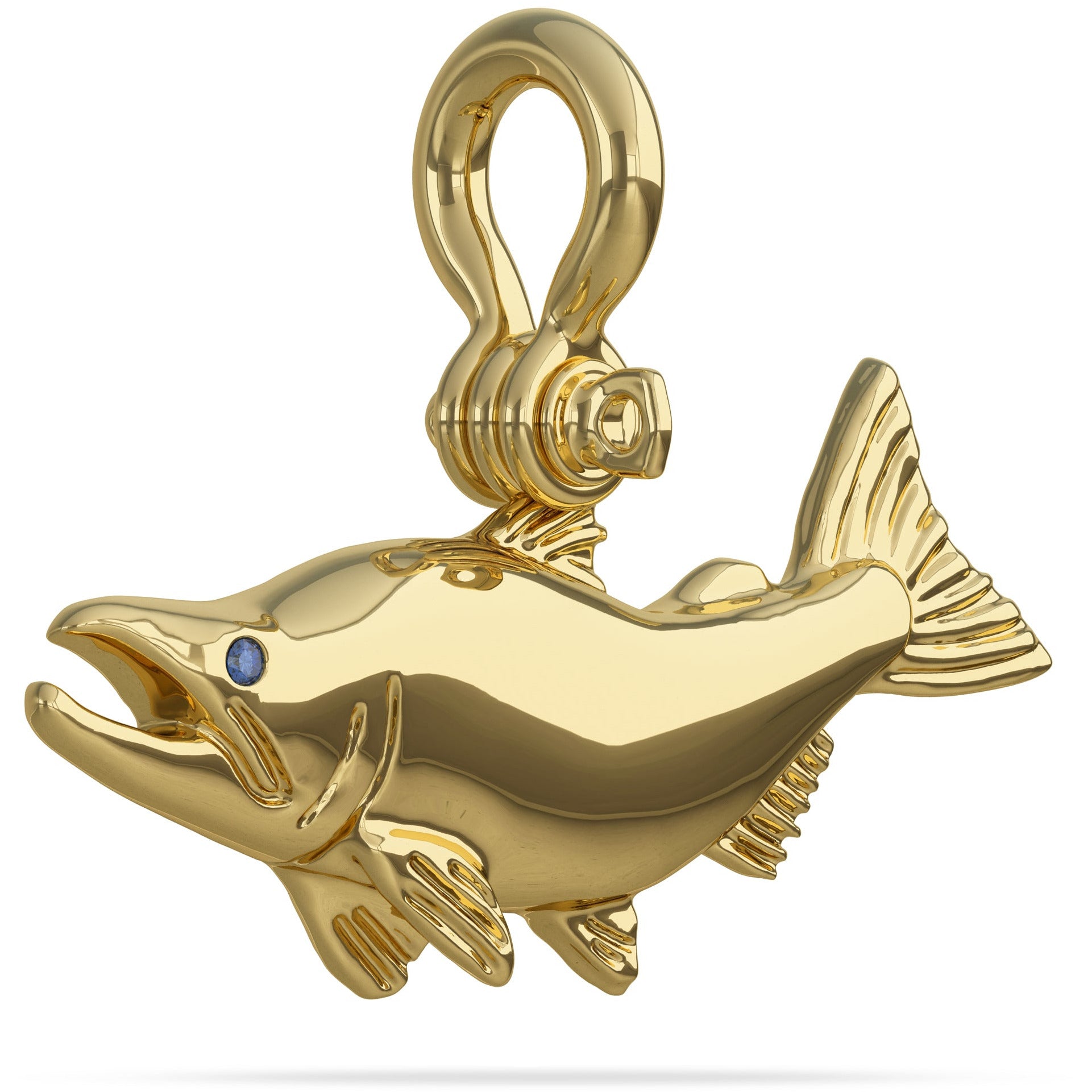 Solid 14k Gold Sockeye Salmon Pendant High Polished Mirror Finish With Blue Sapphire Eye with A Mariner Shackle Bail Custom Designed By Nautical Treasure Jewelry In The Florida Keys Islamorada fly fishing 