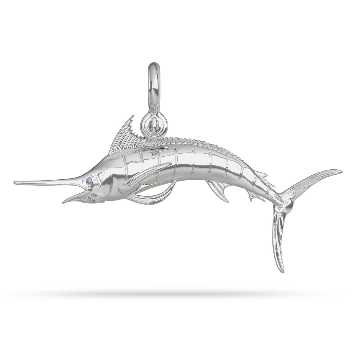 Sterling Silver Pacific Striped Marlin Pendant High Polished Mirror Finish With Blue Sapphire Eye with A Mariner Shackle Bail Custom Designed By Nautical Treasure Jewelry In The Florida Keys aught at Bisbee Tournament 