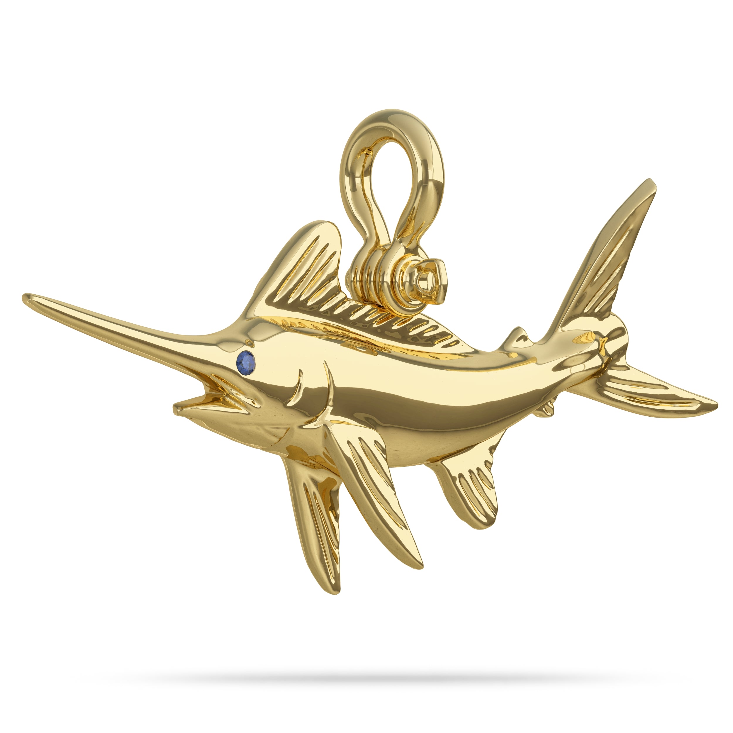 Solid 14k Gold White Marlin Pendant High Polished Mirror Finish With Blue Sapphire Eye with A Mariner Shackle Bail Custom Designed By Nautical Treasure Jewelry In The Florida Keys Open