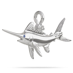Sterling Silver White Marlin Pendant High Polished Mirror Finish With Blue Sapphire Eye with A Mariner Shackle Bail Custom Designed By Nautical Treasure Jewelry In The Florida Keys Open